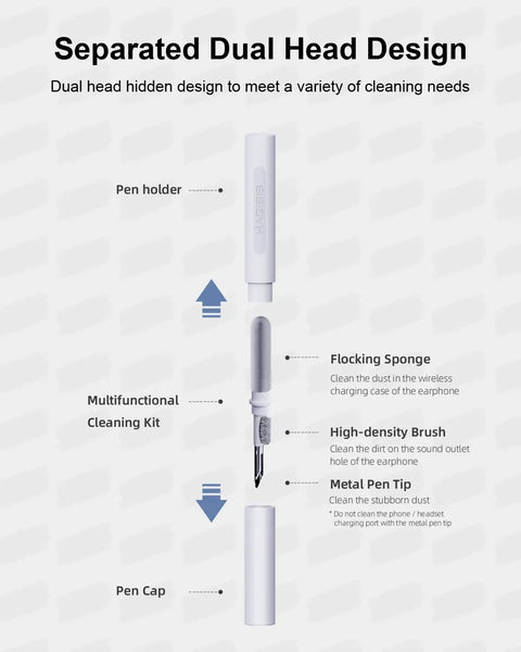 Multi Function Cleaning Pen For AirPods Pro 1 2 3 And Earbuds Case Soft Bristle Brush Kit showing dual head design with cleaning tools.