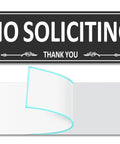 Two Pack No Soliciting Sign For Front Door Aluminum Metal Self Adhesive Built Tough Rust Free No Fade 7.5 By 2.5 Inches High Visibility White On Black Sign For House Home Office Window showing front and adhesive back