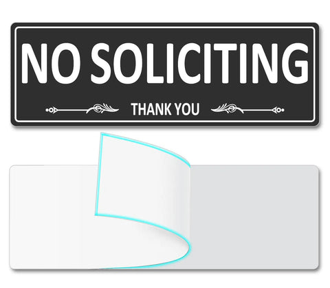 Two Pack No Soliciting Sign For Front Door Aluminum Metal Self Adhesive Built Tough Rust Free No Fade 7.5 By 2.5 Inches High Visibility White On Black Sign For House Home Office Window showing front and adhesive back