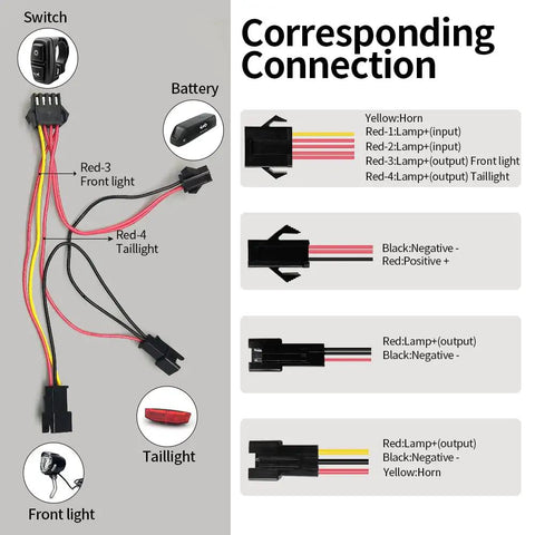 Wiring diagram for the All In One Ebike Front Headlight And Tail Light With Built In Horn Switch Cable Kit Waterproof