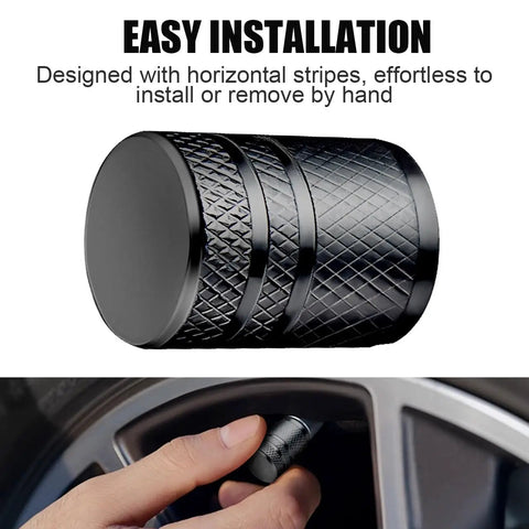 Close-up of Premium Metal Tire Valve Cap in hand showing easy installation with horizontal stripe grip, black and durable.