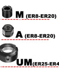 Rugged CNC Collet Chuck Extension Bar For Ridiculously Smooth Milling And Turning Operations That Knocks Out Vibration While Delivering Slick Surface Finishes On Every Machine Shop Setup, showing clamping nuts labeled M, A, UM.