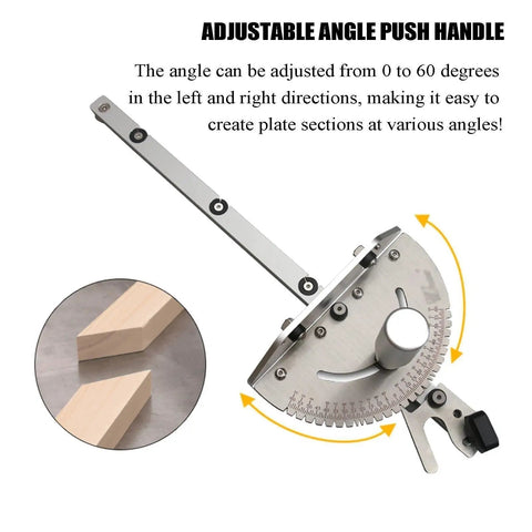 Adjustable Aluminum Miter Gauge With 450mm Extended Fence And Repeat Cut Stop For Table Saw Woodworking showing adjustable angle push handle.