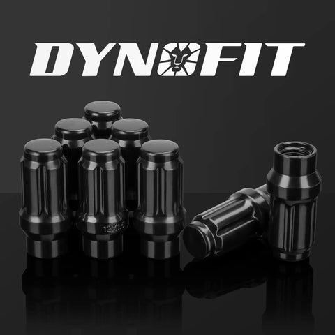 12x1.5 Lug Nuts 6 Spline Extended ET Closed End 24 Pc Set M12x1.5 black metallic shown in group with logo background