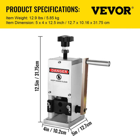 Portable Manual Wire Stripping Machine With Hand Crank For Scrap Copper Recycling 0.06 to 0.98 Inch Wires shown with dimensions
