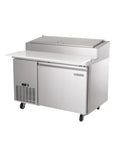 Commercial 13.8 Cu Ft Single Door Pizza Refrigerator With Slick Digital Temperature Control And Beefy Stainless Steel Build on a kitchen countertop.