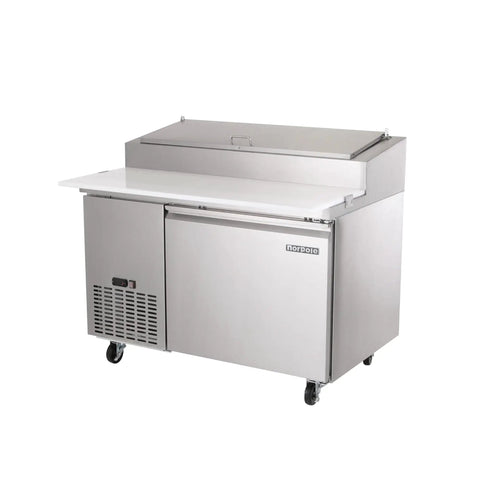 Commercial 13.8 Cu Ft Single Door Pizza Refrigerator With Slick Digital Temperature Control And Beefy Stainless Steel Build on a kitchen countertop.