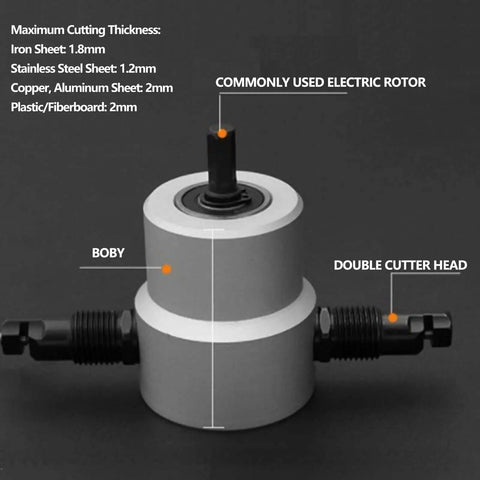 Dual Head Metal Sheet Nibbler Cutter Kit With 360 Degree Adjustable Punch showing electric rotor and double cutter head