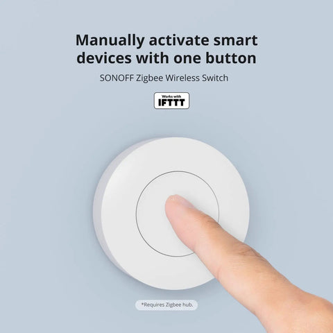 Zigbee 3 Point 0 Wireless Push Button Switch For Smart Home Scenes Two Pack Works With eWeLink App Trigger Actions By Single Tap Double Tap And Long Press white round switch being pressed by finger