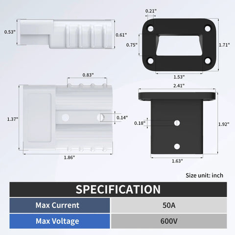 Specifications for 50 Amp Battery Quick Connect Disconnect Connector Kit For 6 To 12 Gauge Cables 12V Wire Harness Plug