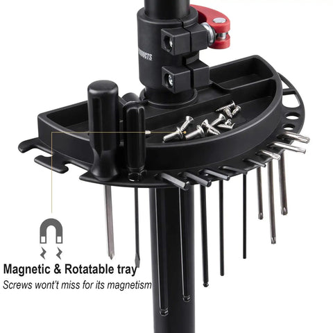 Heavy Duty Bike Repair Stand For Mountain And Road Bikes with magnetic tool tray and rotatable design for easy access.