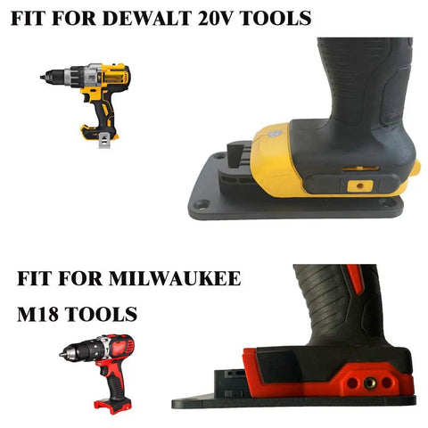 10 Pack Drill Tool Mounting Holders For Dewalt 20V And Milwaukee M18 Tools Built To Last Heavy Duty Plastic Adjustable Mounts Fits Dewalt 12V 20V And Milwaukee 18V Drills Black showing Dewalt and Milwaukee tools with mounts. Fits Dewalt 12V 20V And Milwaukee 18V Tools.