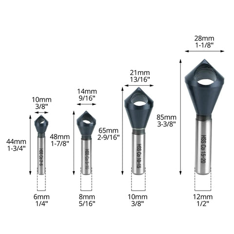 Four Piece Cobalt Countersink Chamfer Tool Set Single End M35 High Speed Steel 90 Degree Cutting Angle sizes and dimensions