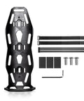 Front Fork Cargo Cage Mount Bottle Holder for Bikes with mounting straps, hardware, and allen key, shown in black.