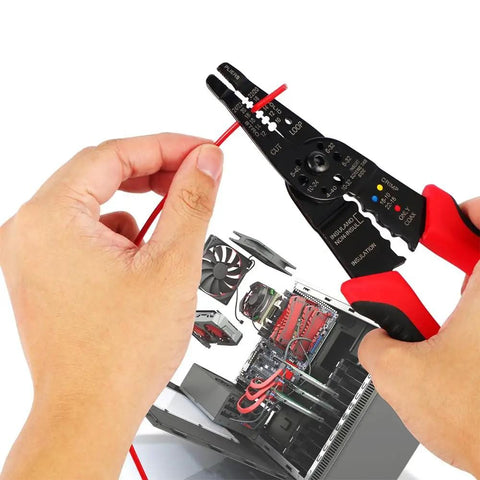 Hands using 8 Inch Third Generation Pro Grade Wire Stripping And Crimping Tool With 5 In 1 Functionality on red cable near PC components.