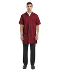 Person wearing Everyday Short Sleeve Unisex Lab Coat Scrubs For Doctors And Researchers Burgundy Size Large With Notched Collar Button Closure 2 Waist Pockets And 1 Chest Pocket Durable 65/35 Poly Cotton Blend Go To Workhorse