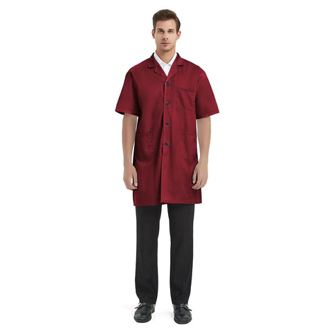 Person wearing Everyday Short Sleeve Unisex Lab Coat Scrubs For Doctors And Researchers Burgundy Size Large With Notched Collar Button Closure 2 Waist Pockets And 1 Chest Pocket Durable 65/35 Poly Cotton Blend Go To Workhorse