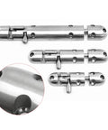 Heavy Duty Sliding Bolt Door Latch With Slick Automatic Return Action Stainless Steel Lock For Patio Barn And Indoor Doors showing three sizes.