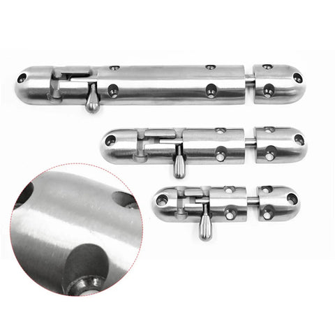 Heavy Duty Sliding Bolt Door Latch With Slick Automatic Return Action Stainless Steel Lock For Patio Barn And Indoor Doors showing three sizes.