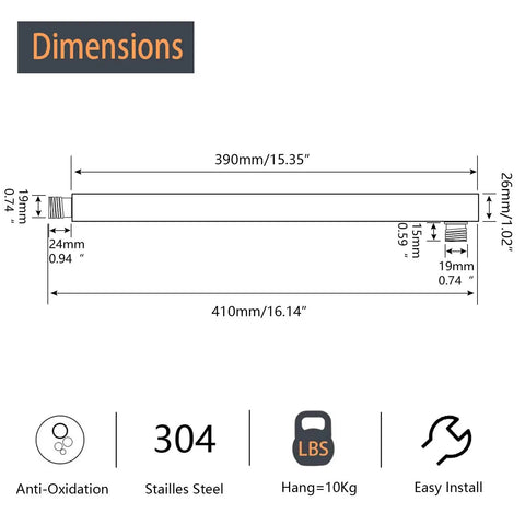 Dimensions diagram of 16 Inch Shower Arm Extension For Rain Shower Head With Half Inch NPT Tapered Threads Stainless Steel