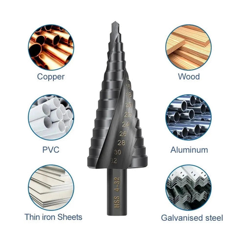 Versatile Step Drill Bit Set That Cuts Like Butter Made From Premium HSS Cobalt Steel To Punch Clean Holes In Metal Wood Or Plastic With One Cone Tool For Serious DIYers And Pros Who Need Precision And Durability Every Time On The Job. HSS step drill bit 4-32mm for copper, wood, PVC, aluminum