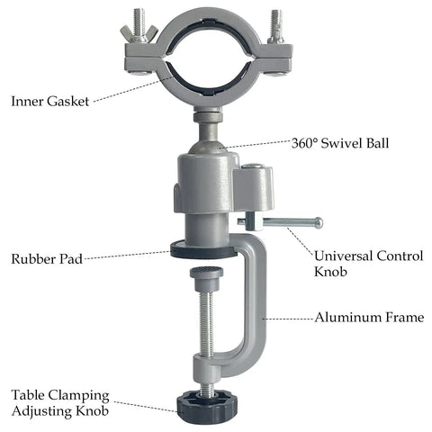 Heavy Duty Bench Clamp Vise Drill Stand Holder With 360 Degree Swivel And 45 Degree Tilt Adjustable Clamp For 1.57 To 2.16 Inch Diameters 2.04 Inch Throat Aluminum Alloy Workhorse Grinder Holder For DIY Projects And Jewelry Making, aluminum frame