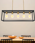 Dope Industrial Modern Farmhouse Kitchen Island Light Chandelier in black and brass with 5-light rectangular bar pendant over table