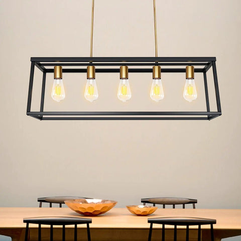 Dope Industrial Modern Farmhouse Kitchen Island Light Chandelier in black and brass with 5-light rectangular bar pendant over table