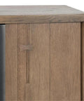 Top Tier 94 Inch Reclaimed Oak Wood Sideboard Buffet Cabinet Magnetic Doors Built In Wire Management Sturdy Open Shelving detail of cabinet top and joinery