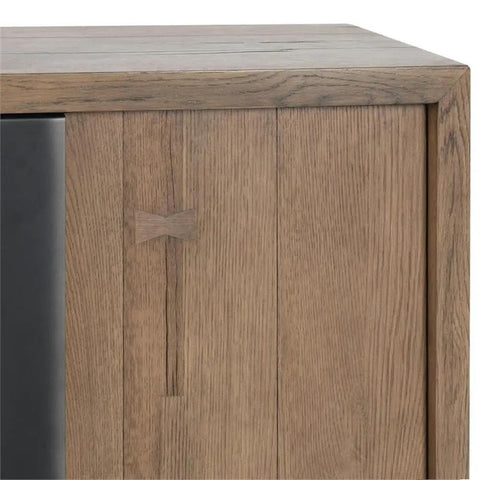 Top Tier 94 Inch Reclaimed Oak Wood Sideboard Buffet Cabinet Magnetic Doors Built In Wire Management Sturdy Open Shelving detail of cabinet top and joinery