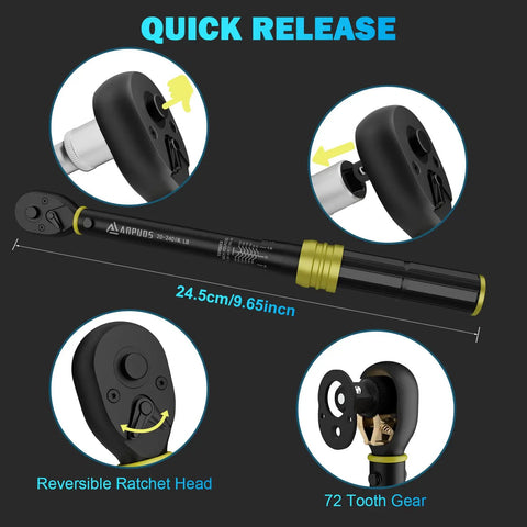 One Quarter Inch Click Torque Wrench For Bikes, 20-240 In-Lb And 2.3-27.1 Nm, 72-Tooth Ratchet Head and Dual Direction Design