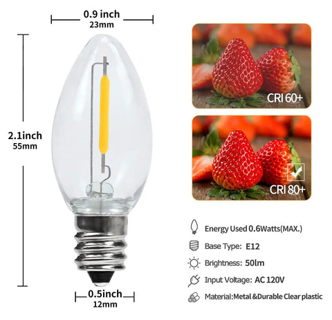 C7 candelabra bulb diagram showing size, energy use, input voltage, and color rendering index for LED light cords, E12 base