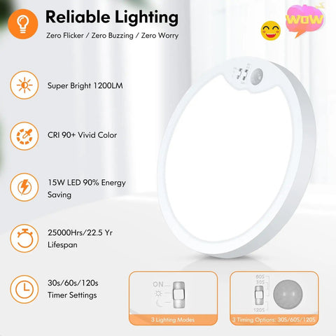 Two Pack Motion Sensor LED Ceiling Light 7 Inch 15W Flush Mount With Selectable 2700K 4000K 6500K Color Temps With Timer Night And Day Modes Motion Activated Closet And Hallway Lighting Non Dimmable with features displayed