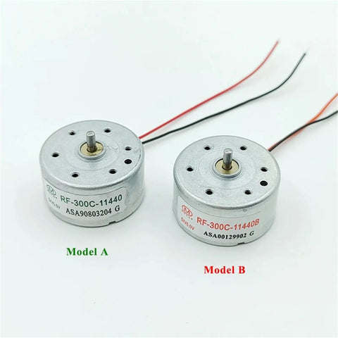 Micro 300 DC Motor One Point Five To Six Volts 6500 RPM 24mm Round Spindle Silent for DIY projects, two models shown