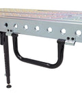 Close-up of Built Rugged Foldable Welding And Fixturing Table Packing 500 Pound Capacity showing zinc plated top and support handle.