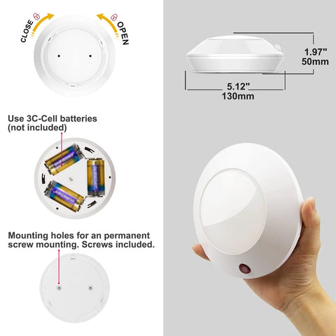 Wireless Battery Powered Ceiling Light With Remote RGB Color Changing Mood Lighting showing components and dimensions.