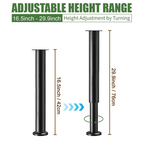 Heavy Duty Adjustable Furniture Legs Set Of Four Tall Metal Cabinet Support Stands For Beds Sofas Chairs And Tables With Quick Install Leveling Base In Matte Black Finish showing height range 16.5 to 29.9 inches.