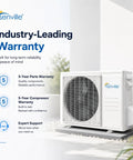 Top Tier 30000 BTU Smart Mini Split AC And Heat Pump With Wifi And Voice Control, outdoor unit showing warranty details.