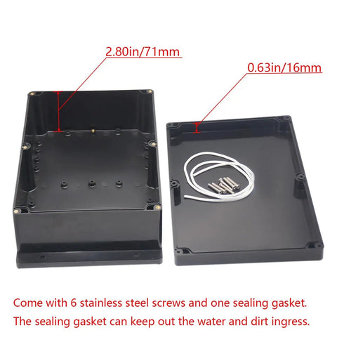 Kickass Abs Black Electrical Junction Box IP65 Waterproof Outdoor Enclosure For DIY Projects With Cable Glands. Image showing dimensions and screws.