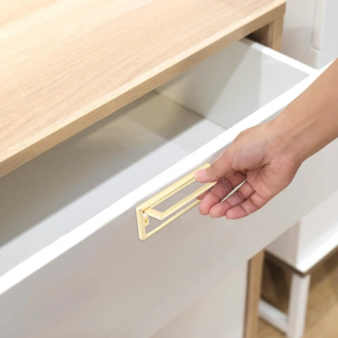 Hand pulling drawer with Four Pack 4.4 Inch Gold Flush Ring Pull Handles With Screws Square Hidden Recessed Pull For Cabinets Dressers Closets Drawers And Sliding Doors Built To Last Durable Zinc Alloy installed.