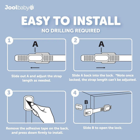 Installation instructions for Four Pack Baby Proof Cabinet, Drawer, Fridge, Toilet And Trash Can Locks With 3M Adhesive - No Tools Needed
