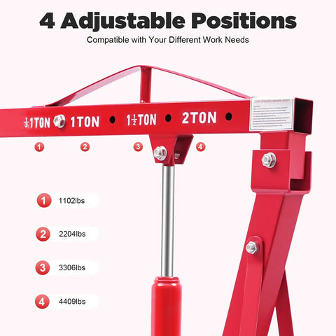 No Sweat Heavy Duty Folding Hydraulic Engine Hoist And Cherry Picker Shop Crane With Adjustable Leveler shows 4 weight settings for lifting.