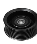 High Performance Drive Belt Tensioner Pulley For Nissan Frontier And Pathfinder Plus Infiniti Accessory Idler Wheel view from above, black metal build.