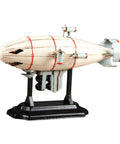 Vintage Airship Diecast Model Ornament with stand, retro futuristic white design, for decor in homes, offices, bars, and shelves.