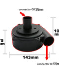 Real Heavy Duty Cyclone Dust Collector With Turbo Suction And Dual Filter Setup, black plastic connector, dimensions marked.