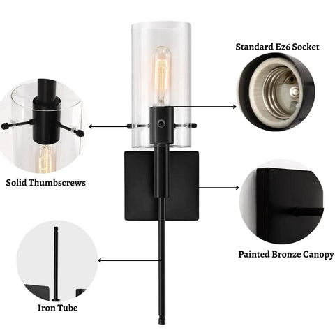 Diagram of Modern Indoor Wall Sconces Set Of 2 In Bronze With Clear Glass Shades Sleek Minimalist Bedroom And Living Room Lighting