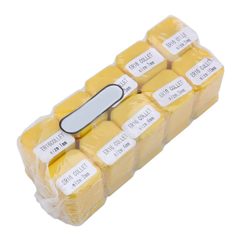 Upgrade Your Cnc Game With This 10 Piece Spring Collet Set Featuring High Clamping Force And Self Release Design For Precision Milling Lathe Engraving Tasks That Feel Like A Dream, yellow spring collets in packaging.