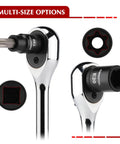 Close-up of multi-size options from Beefy 71 Piece Torx And Hex Socket Set with T50 and E20 attachments on ratchet handles.