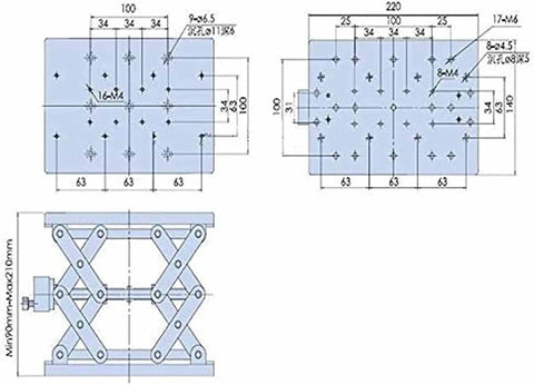 Blueprint diagram showing dimensions for Precision Manual Lift Platform With Scale Ruler And Optical Sliding Table For Lab Work.