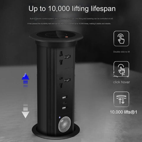 Slick Telescopic Pop Up Kitchen Power Strip With Built In Fast Charging Wireless Station showing electric control and USB ports
